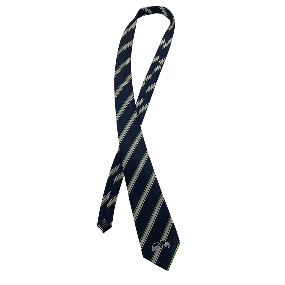 NFL Seattle Seahawks Necktie Navy Blue Lime Green Striped Logo Mens Silk Tie